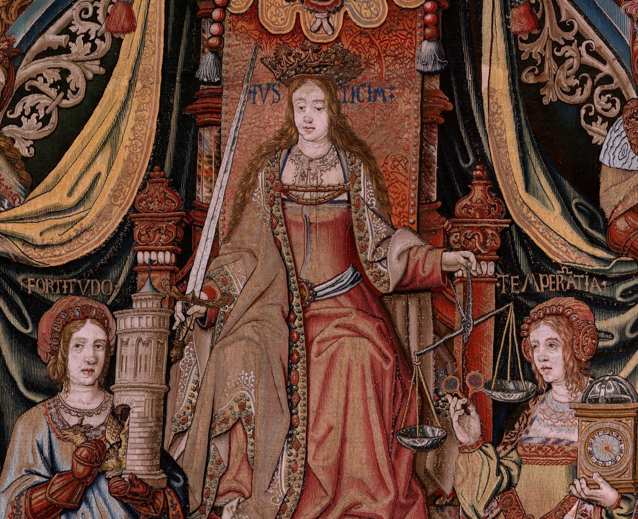 フランダースのタペストリー。 シリーズ ザ・オナーズ。 正義（ラ・フスティシア、ロス・オノレス）。 シリーズ9作目のタペストリー。 Bernard van Orley と Jan Gossaert (Mabuse) のサークルのモデル漫画家。 ブリュッセルのピーター・ファン・アールストのマニュファクチュール。 Ca 1550. ファブリック ゴールド、シルバー、 作： バーナード・ファン・オーリー