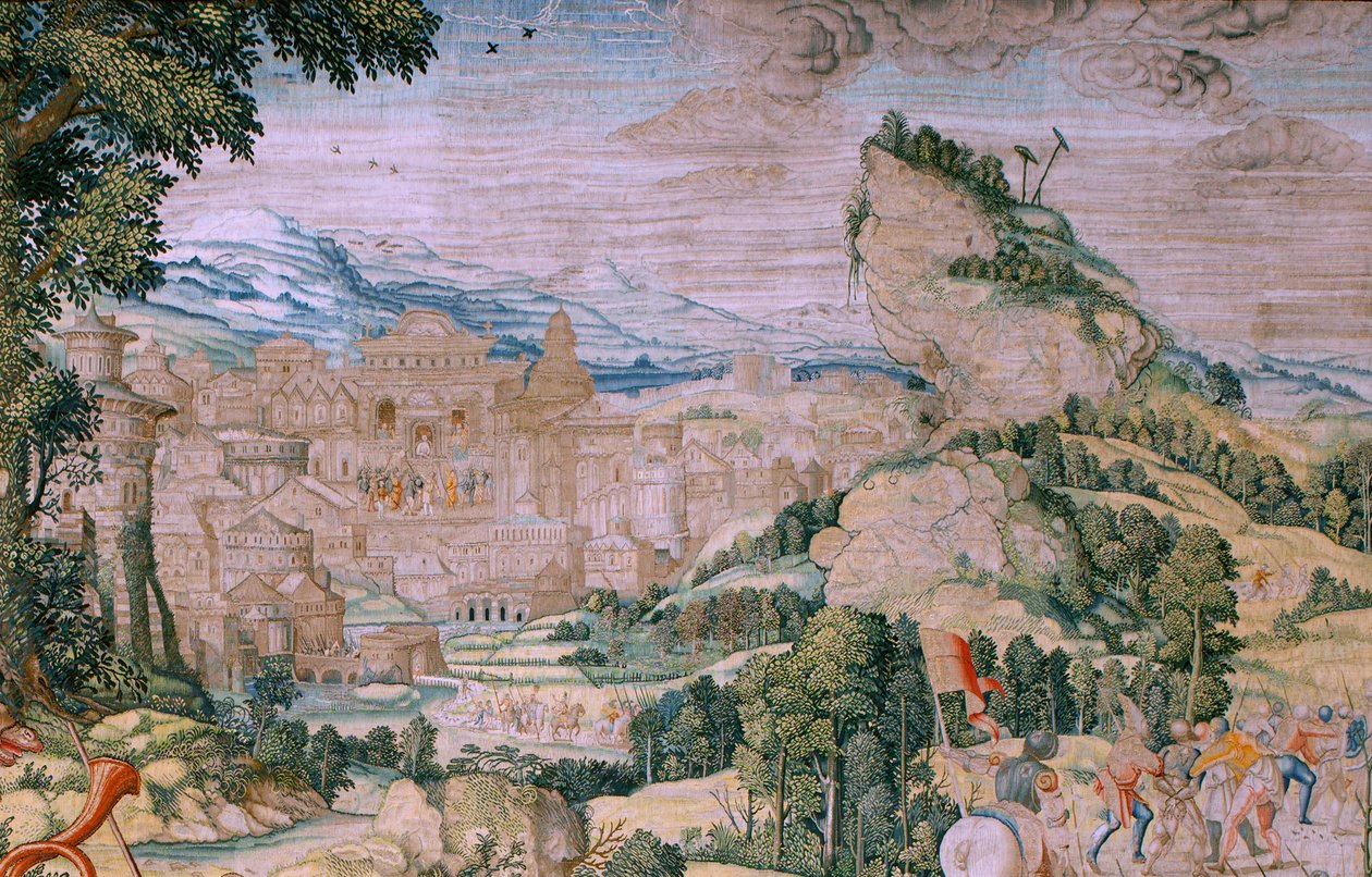 フランダースのタペストリー。 シリーズ キリストの受難。 カルバリー (Caída en el camino del Calvario) に向かう途中で落ちる。 シリーズ第2弾のタペストリー。 モデルの漫画家、バーナード・ヴァン・オーリー。 ブリュッセルのピーター・デ・パンネメーカーのマニュファクチュール。 1518～1523年頃。 ファブリック ゴールド、シルバー、 作： バーナード・ファン・オーリー