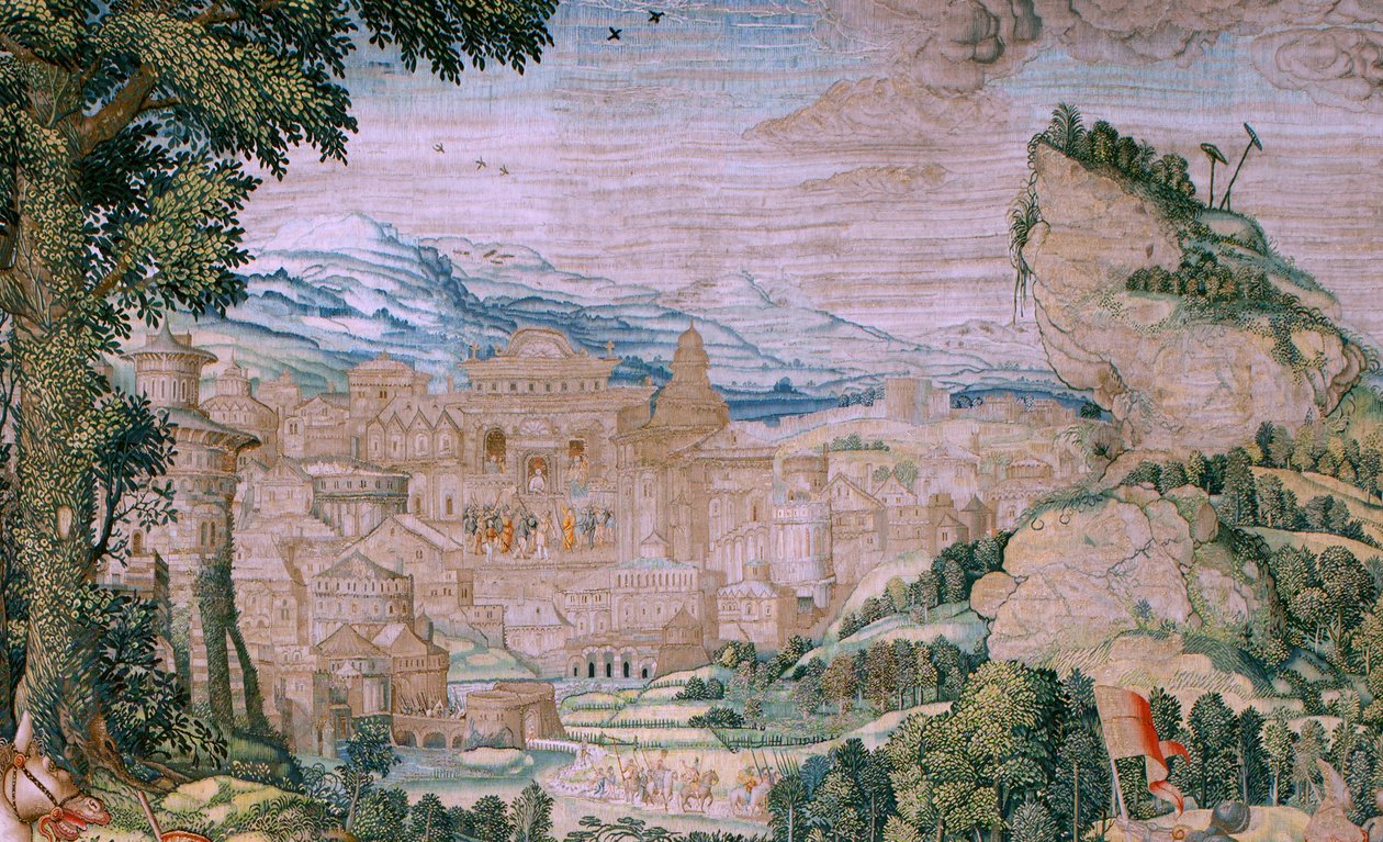 フランダースのタペストリー。 シリーズ キリストの受難。 カルバリー (Caída en el camino del Calvario) に向かう途中で落ちる。 シリーズ第2弾のタペストリー。 モデルの漫画家、バーナード・ヴァン・オーリー。 ブリュッセルのピーター・デ・パンネメーカーのマニュファクチュール。 1518～1523年頃。 ファブリック ゴールド、シルバー、 作： バーナード・ファン・オーリー