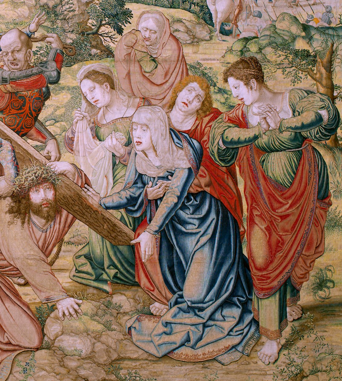 フランダースのタペストリー。 シリーズ キリストの受難。 カルバリー (Caída en el camino del Calvario) に向かう途中で落ちる。 シリーズ第2弾のタペストリー。 モデルの漫画家、バーナード・ヴァン・オーリー。 ブリュッセルのピーター・デ・パンネメーカーのマニュファクチュール。 1518～1523年頃。 ファブリック ゴールド、シルバー、 作： バーナード・ファン・オーリー