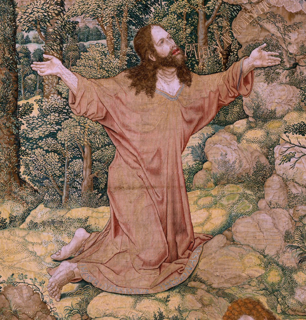 フランダースのタペストリー。 シリーズ The Passion of Christ (ザ・スクエア・パッション)。 オリーブ山のキリスト。 ブリュッセルのピーター・デ・パンネメーカーのマニュファクチュール。 漫画家の Barend van Orley。 1518～1522年頃。 作： バーナード・ファン・オーリー