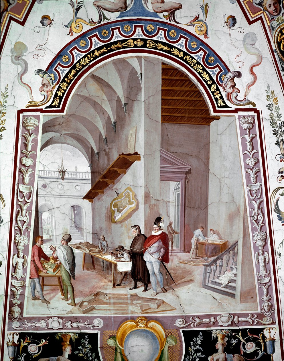 建築家の作業場の風景。ベルナルディーノ・バルバテッリ・ディット・イル・ポケッティ（1548-1612）によるフレスコ画 17世紀 ウフィツィ美術館（オフィス） フィレンツェ 作： バーナーディーノ・バルバテッリ・ポッケッティ