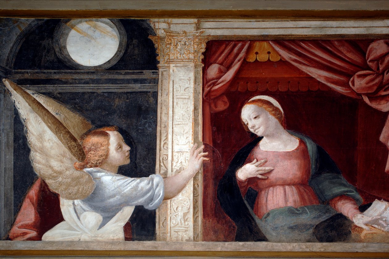 ベルナルディーノ・ラニーノ（1512-1583）によるフレスコ画「聖母のサイクル」（1553年）からの受胎告知、イタリア・ピエモンテ州ノヴァラ大聖堂の下部聖具室。 作： ベルナルディーノ・ラニーノ