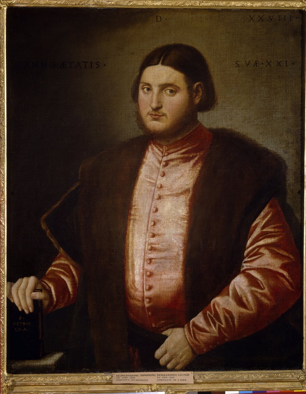 男の肖像（男の肖像）。 ベルナルディーノ・リシニオ作（1489年頃～1565年頃）、キャンバスに油彩 作： ベルナルディーノ・リシニオ