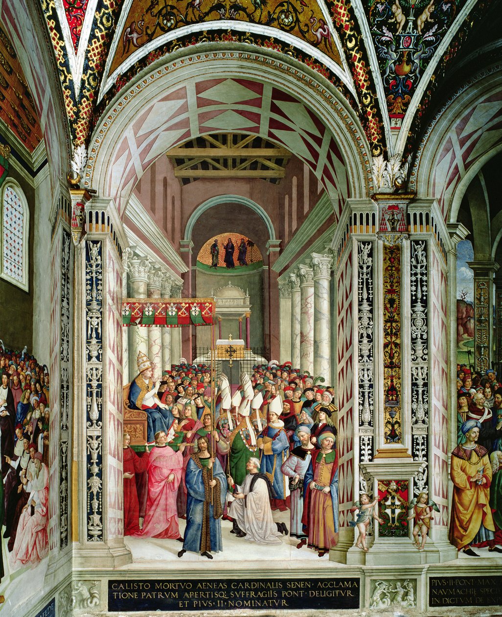 Aeneas Sylvius Piccolomini (1405-64)、ピウス 2 世の名前で教皇に選出され、1458 年 9 月 3 日、サン ピエトロ大聖堂に入る 作： ベルナルディーノ・ディ・ベット・ピントゥリッキオ