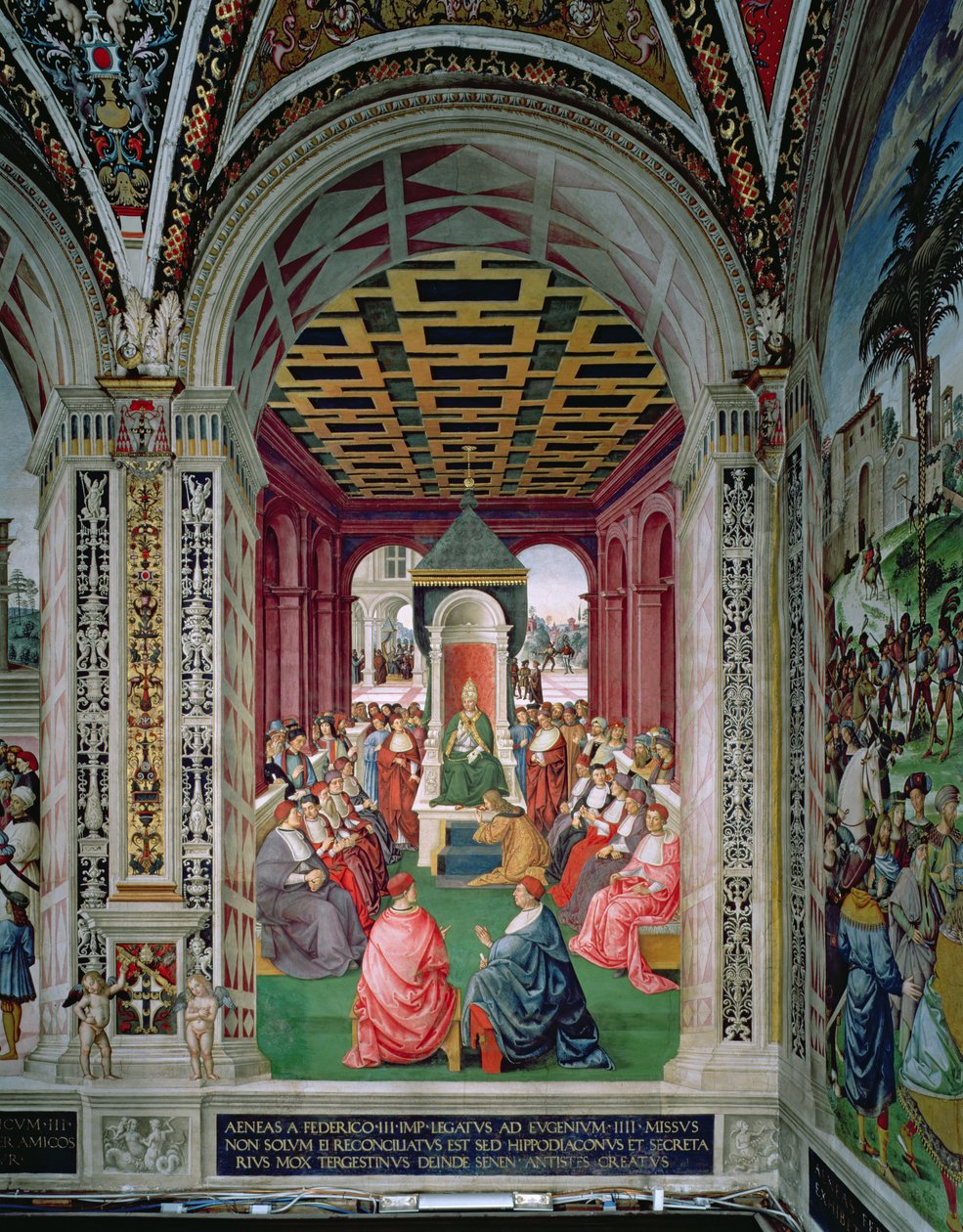 Aeneas Sylvius Piccolomini (1405-64) は教皇エウゲニウス 4 世 (1383-1447) に服従する行為を行う 2 月 7 日 作： ベルナルディーノ・ディ・ベット・ピントゥリッキオ
