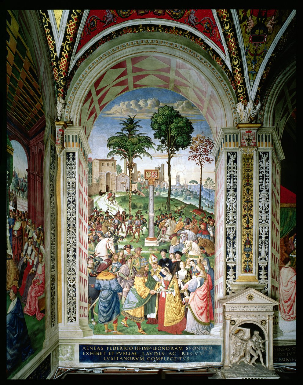 Aeneas Sylvius Piccolomini (1405-64) は、1452 年 2 月 24 日にアラゴンのエレオノーラをフリードリヒ 3 世 (1415-93) に贈呈 (フレスコ画) 作： ベルナルディーノ・ディ・ベット・ピントゥリッキオ