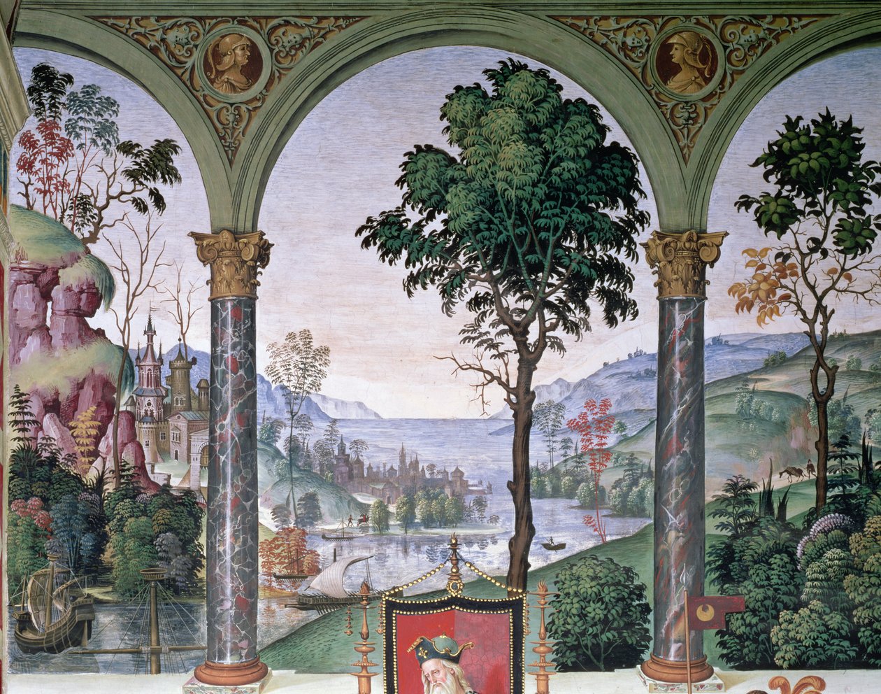 ロッジアを通して見た背景の風景、「Aeneas Sylvius Piccolomini (1405-64) が 1435 年の冬にスコットランド王ジェームズ 1 世 (1394-1437) の前で演説を行う」の詳細 作： ベルナルディーノ・ディ・ベット・ピントゥリッキオ