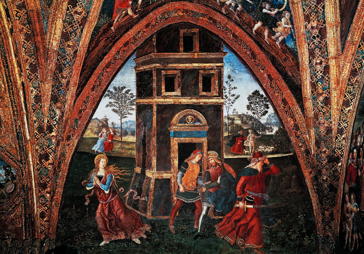 聖バルバラの殉教」ベルナルディーノ・ピントゥリッキオ（1452年頃～1513年）作、イタリア、バチカン市国の使徒宮殿、ボルジアの居室の聖人の間のフレスコ画。 作： ベルナルディーノ・ディ・ベット・ピントゥリッキオ