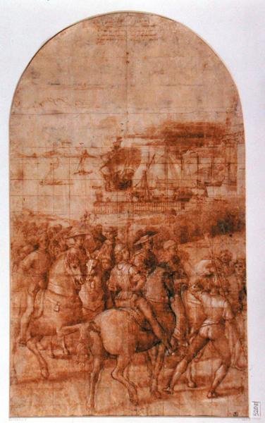 「Aeneas Sylvius Piccolomini (1405-64) Journeys to the Council of Basel」の準備漫画 (紙にペンとインク) 作： ベルナルディーノ・ディ・ベット・ピントゥリッキオ