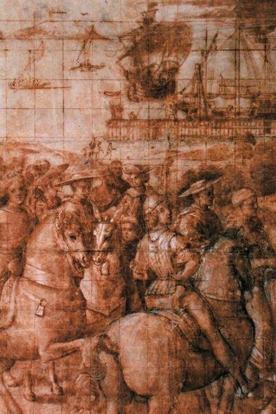 「Aeneas Sylvius Piccolomini (1405-64) Journeys to the Council of Basel」の準備漫画 (紙にペンとインク) (詳細) 作： ベルナルディーノ・ディ・ベット・ピントゥリッキオ