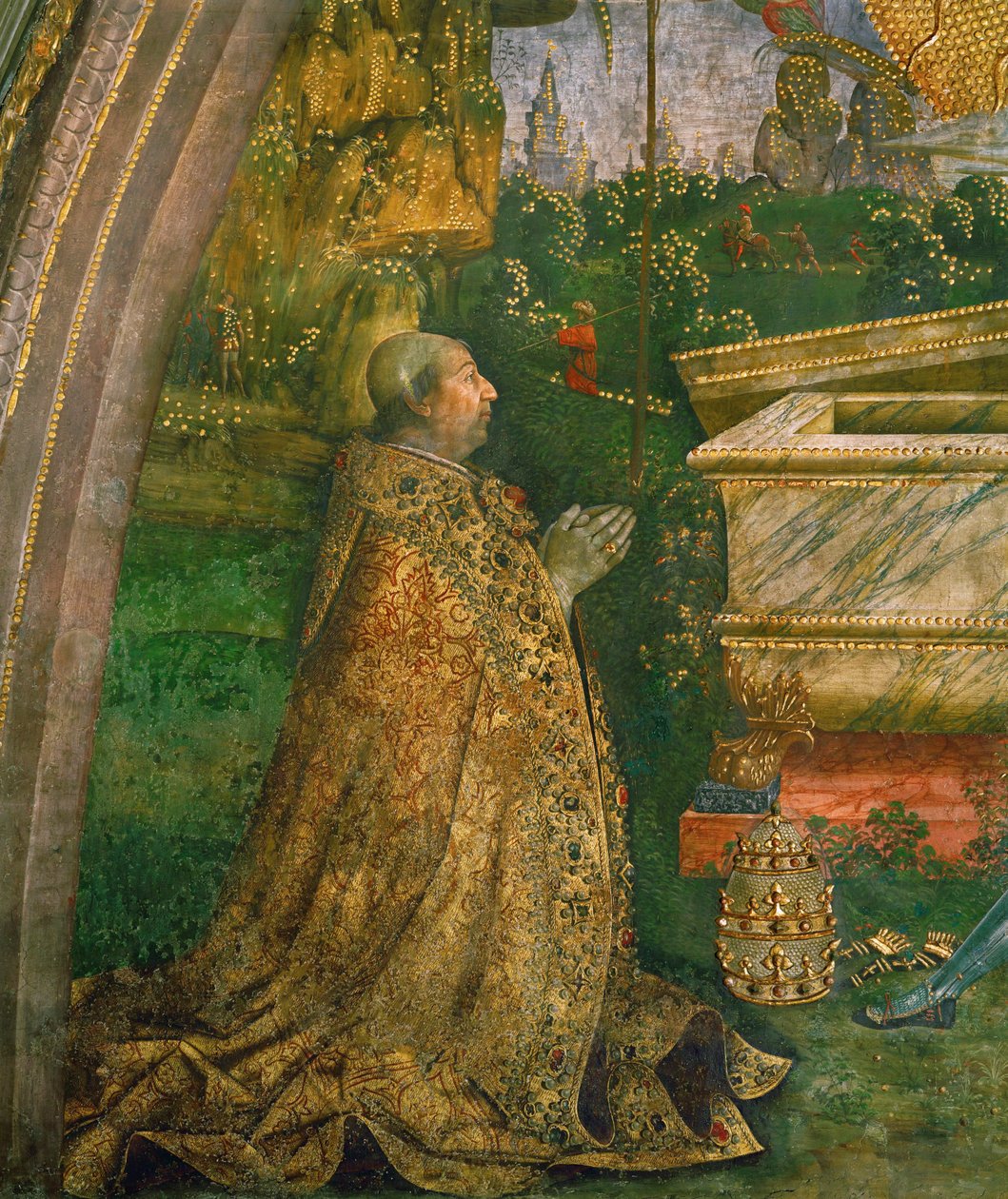 復活空の石棺の前に跪く教皇アレクサンデル6世ボルジア（壁画） 作： ベルナルディーノ・ディ・ベット・ピントゥリッキオ