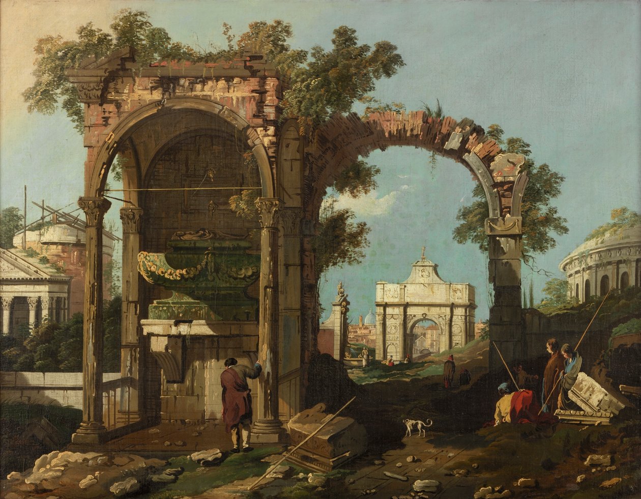 遺跡と人物像、セシリアメテッラの墓の近くのローマ郊外、c.1750-1775 作： ベルナルド・ベロット（カナレット）