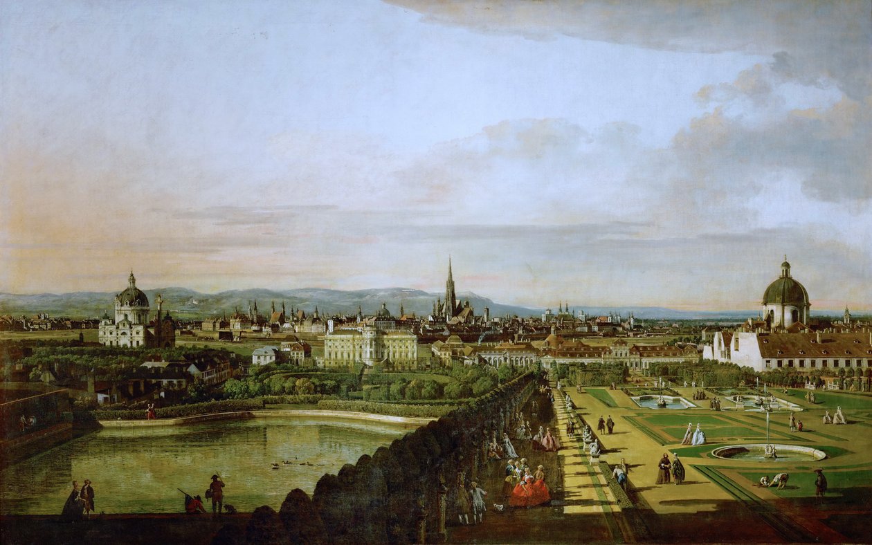 ドイツ語：Wien, vom Belvedere aus gesehen ベルヴェデーレからのウィーンの眺め 作： ベルナルド・ベロット（カナレット）