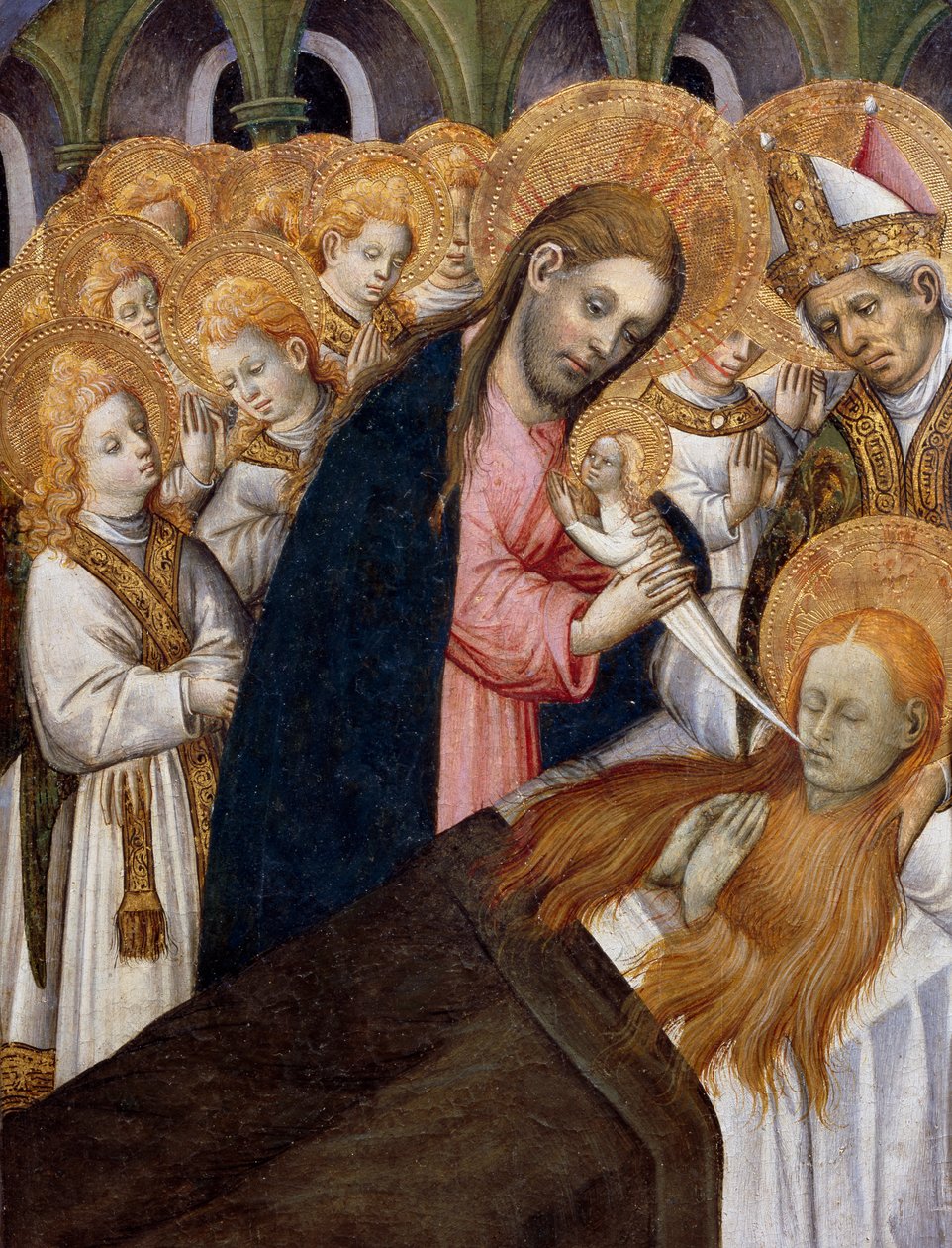 マグダラのマリアの死」、ベルナート・マルトレル（約1400～1452年）による「聖マグダラのマリアの祭壇画」（1437～1452年）の細部、木に描かれています。カタルーニャのゴシック美術。 作： ベルナルド・マルトレル