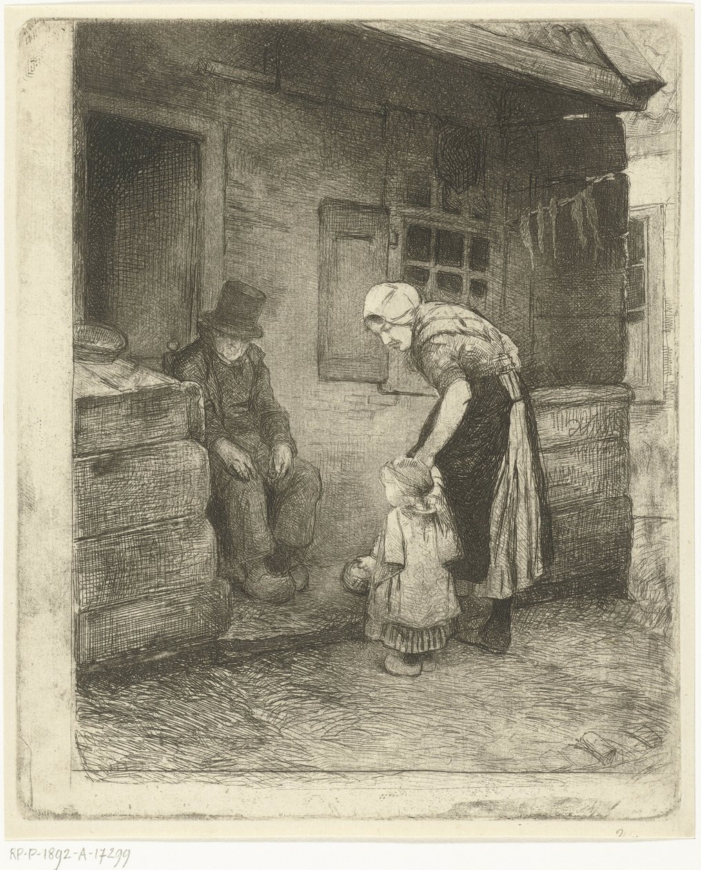 労働者の家の前に座っている老人と一緒に立っている小さな子供を持つ女性 作： Bernardus Johannes Blommers