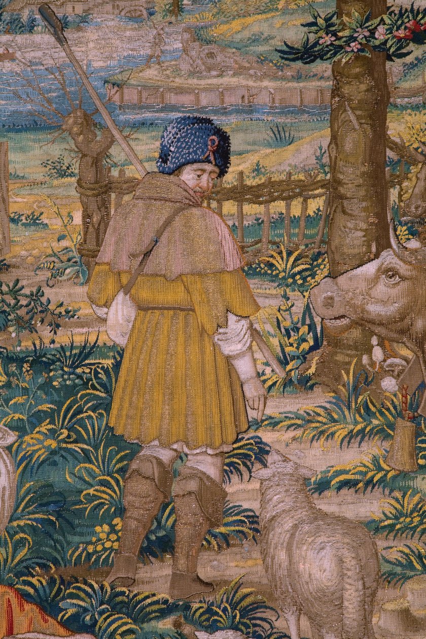 フランダースのタペストリー。 シリーズ The Foundation of Rome: ファウストゥルスがロムルスとレムスに出会う。 漫画家の Barend van Orley (?)。 ブリュッセルの製造。 1525-1530。 詳細。 作： Bernart van（attr。To）Orley