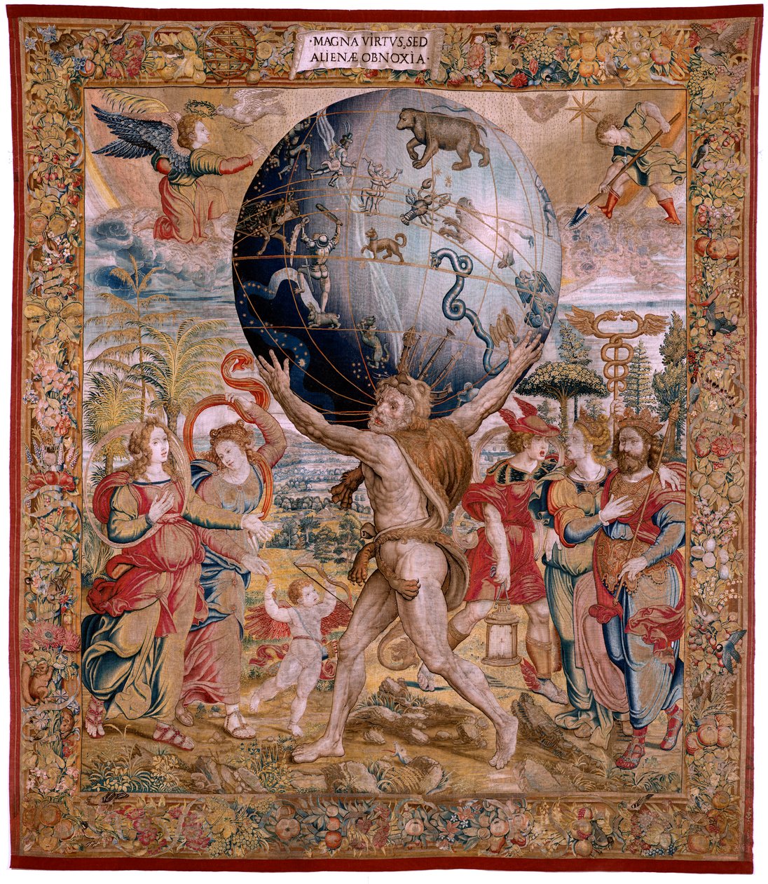 フランダースのタペストリー。 シリーズ The Spheres。 天球を支えるヘラクレス (Hércules sostiene la esfera celeste)。 シリーズ初のタペストリー。 モデル Barend van Orley または Pieter Coecke van Aelst。 1525-1530。 Joris Vezeleer (Georg Wezeler) を製造?, B 作： Bernart van（attr。To）Orley