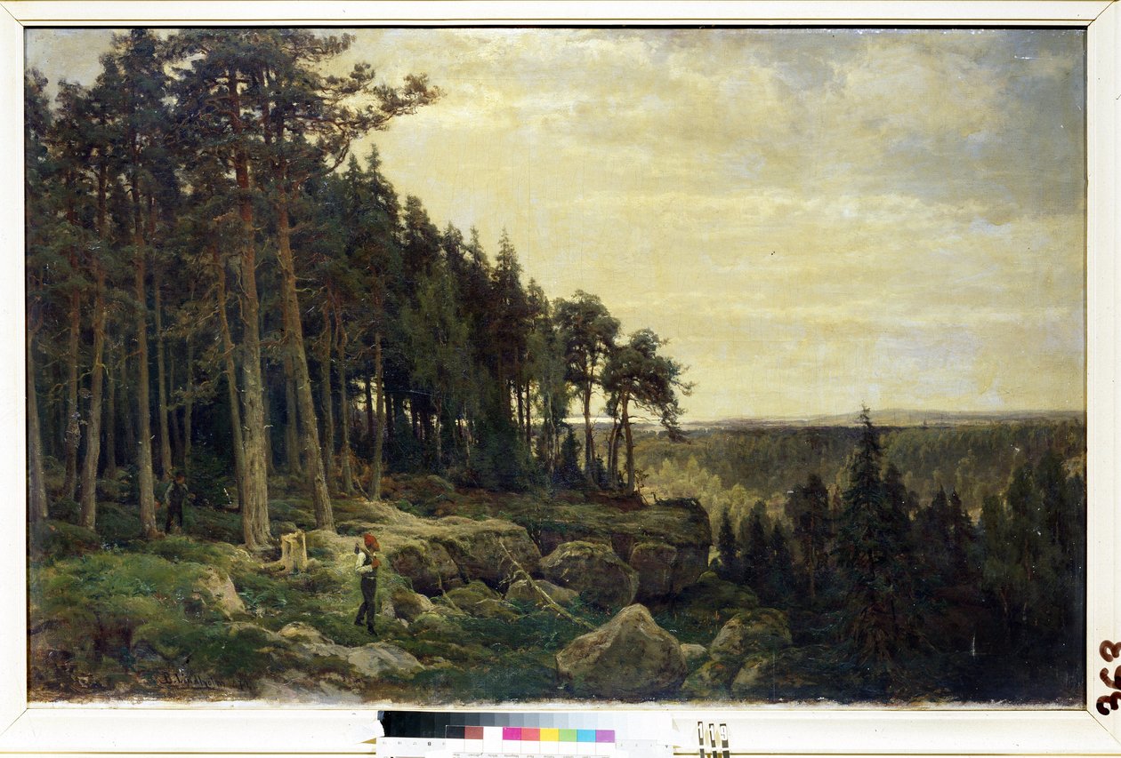 「森の風景の中の木こりとハンター」絵画ベルント・リンドホルム (1841-1914) ミハイル・クロシツキー美術館、セヴァストポリ (セヴァストポリ) ウクライナ 作： ベルント・リントホルム