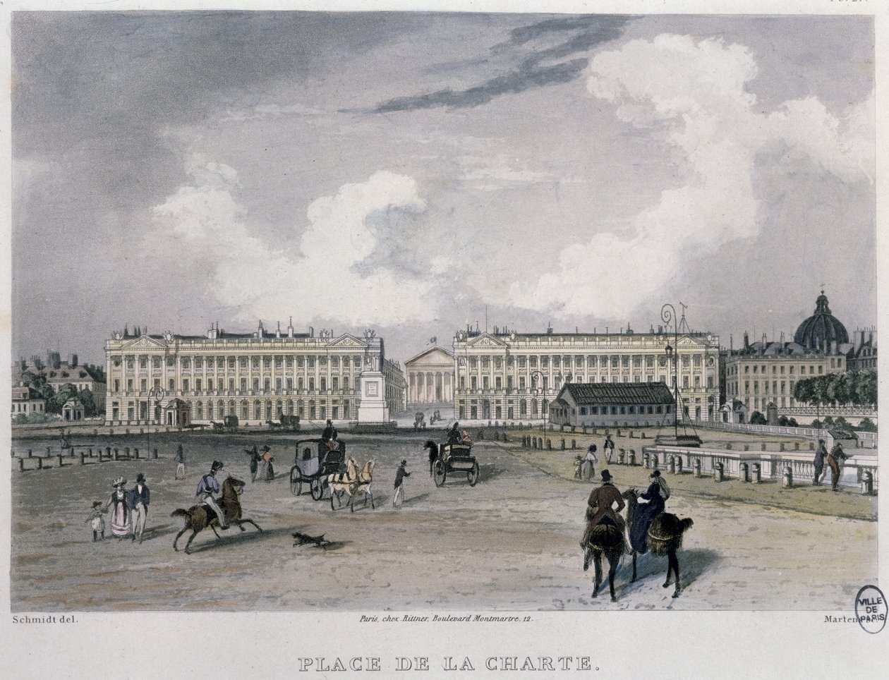 コンコルド広場、パリ、1832年（カラー彫刻） 作： ベルンハルト・シュミット