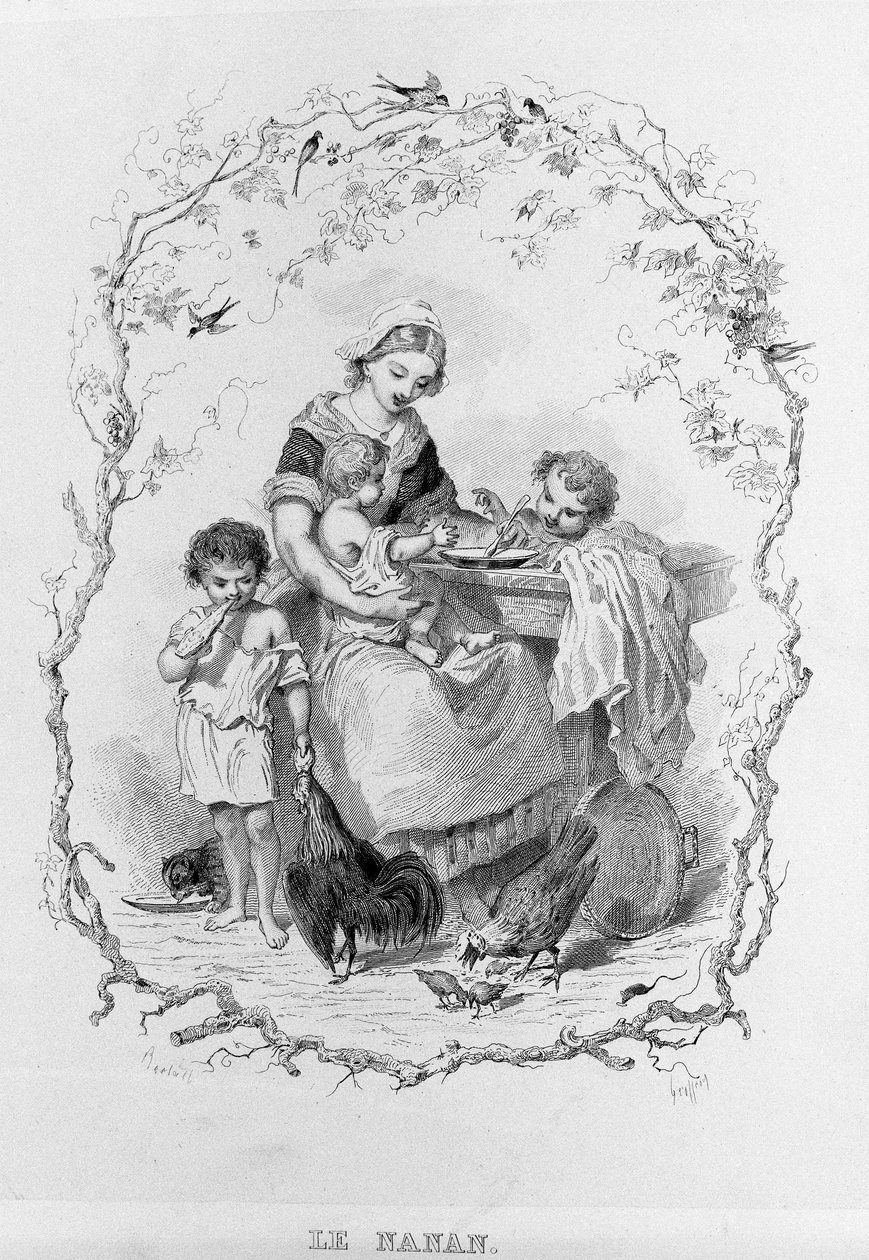 ナナン：若い母親が3人の子供たちに食べ物を与える。1840年、パリ。Jean Anthelme Brillat Savarin (Brillat-Savarin) (1755-1826) フランスの美食家。 作： バートール