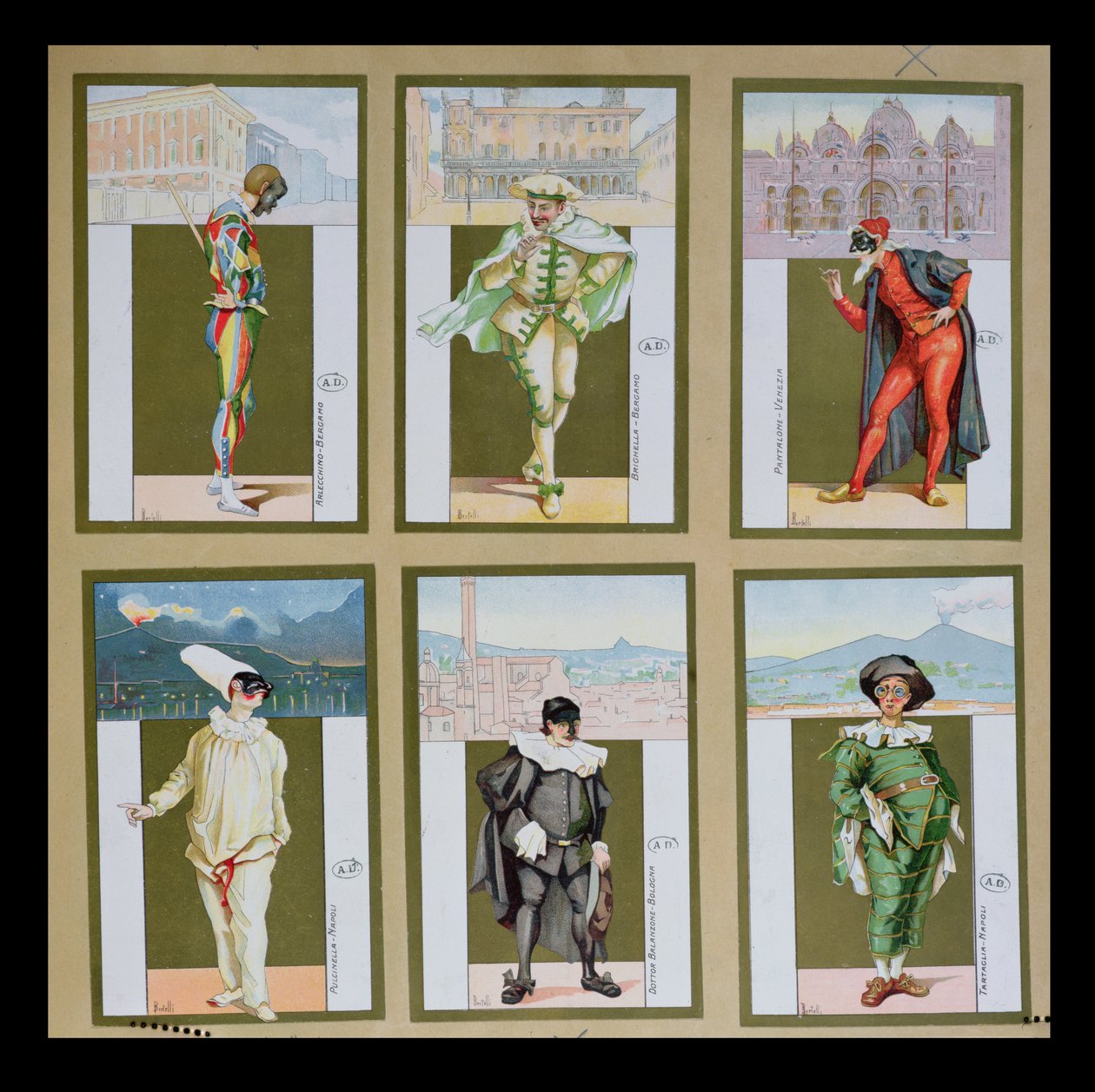 Commedia dellArte、c.1900のキャラクターを描いた6つのビネットのセット 作： ベルテッリ