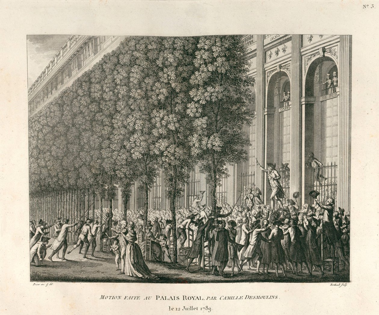 1789年7月12日、カミーユ・デムーランがパレ・ロワイヤルで行った動議 作： Berthault