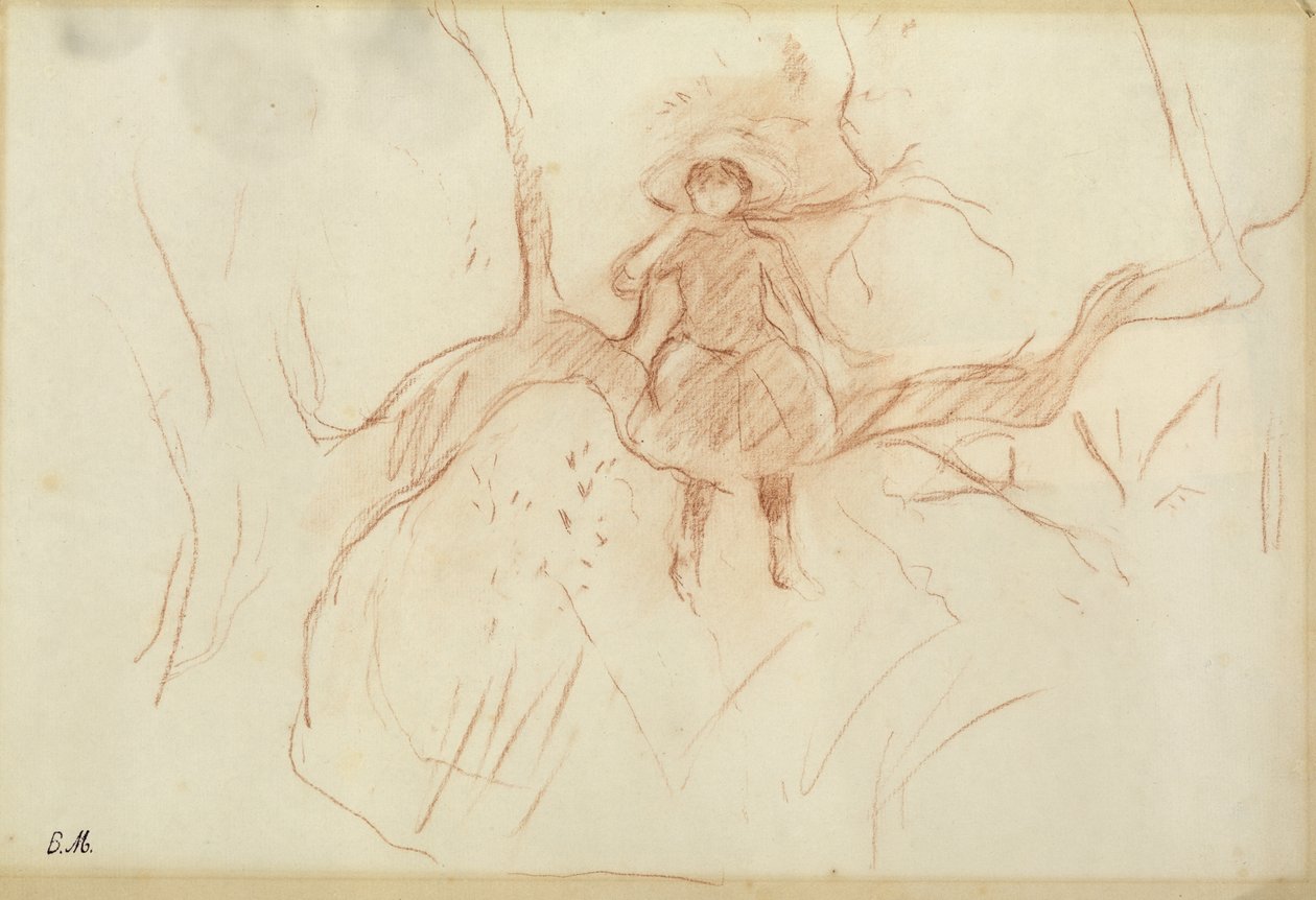 木に止まった、1889年（紙に赤いチョーク） 作： ベルト・モリゾ