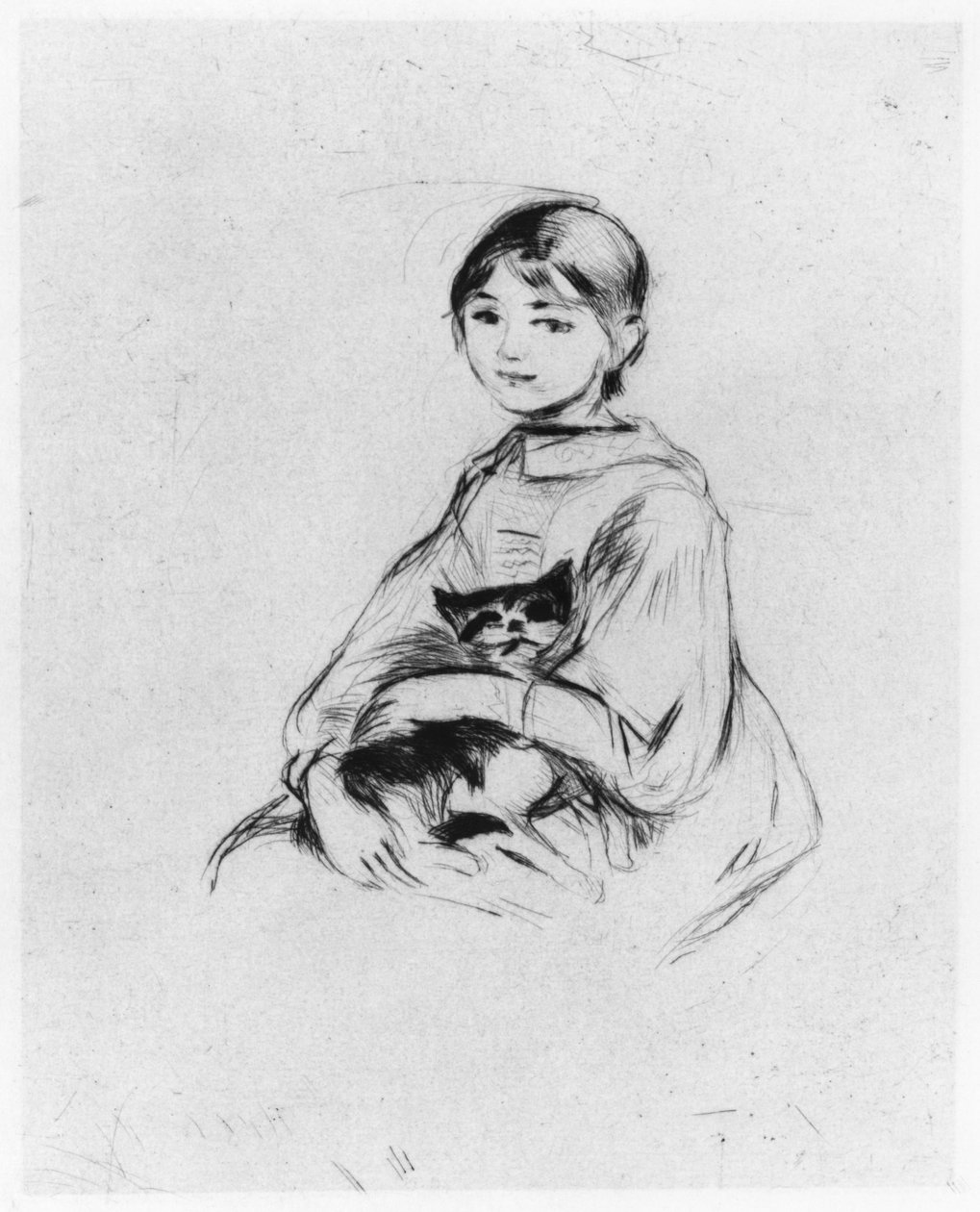 猫を持つ少女、1889年（ドライポイント） 作： ベルト・モリゾ