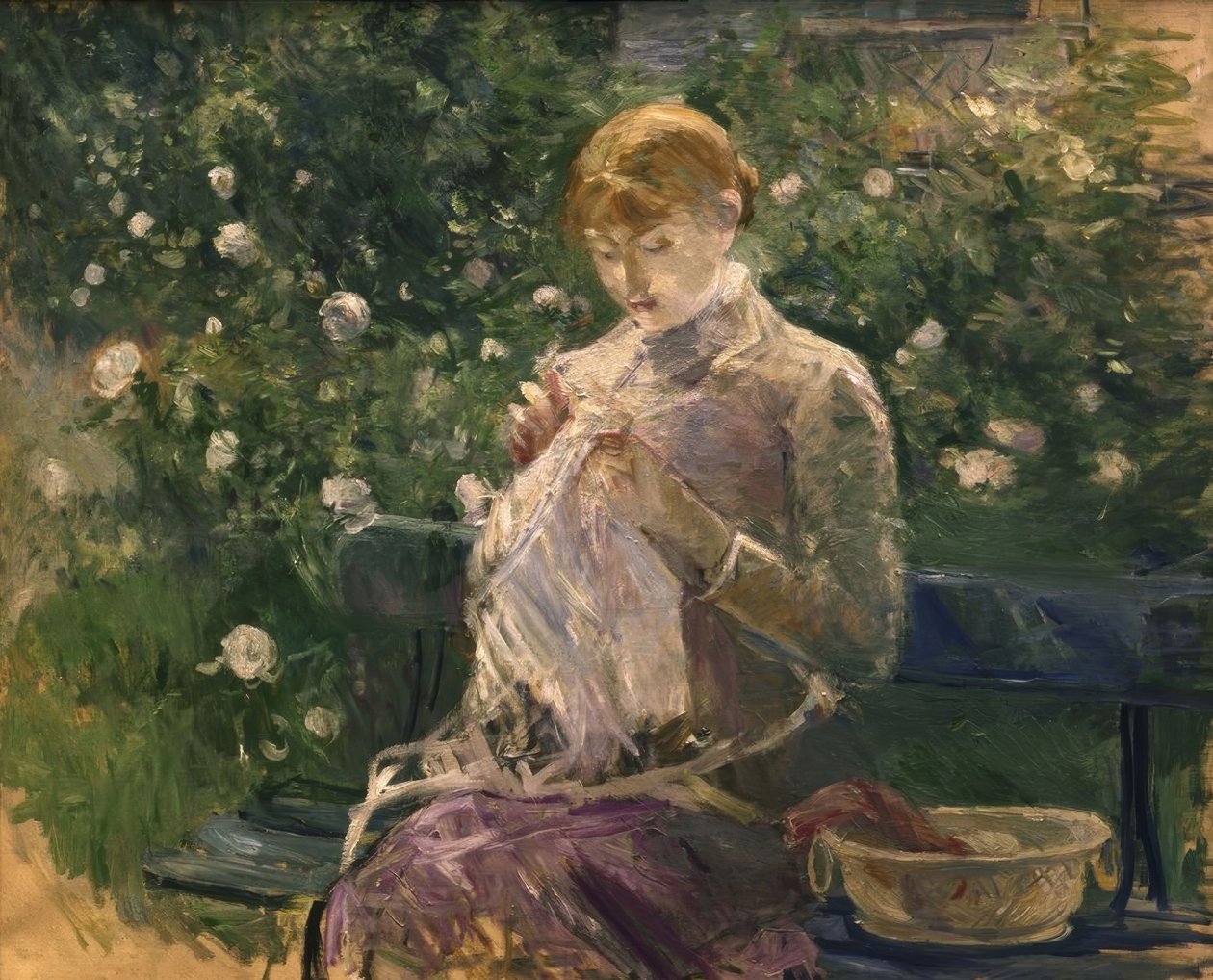 ブージヴァルの庭でのパシーの縫製– 1881 – 81×100 cm –キャンバスに油彩 作： ベルト・モリゾ