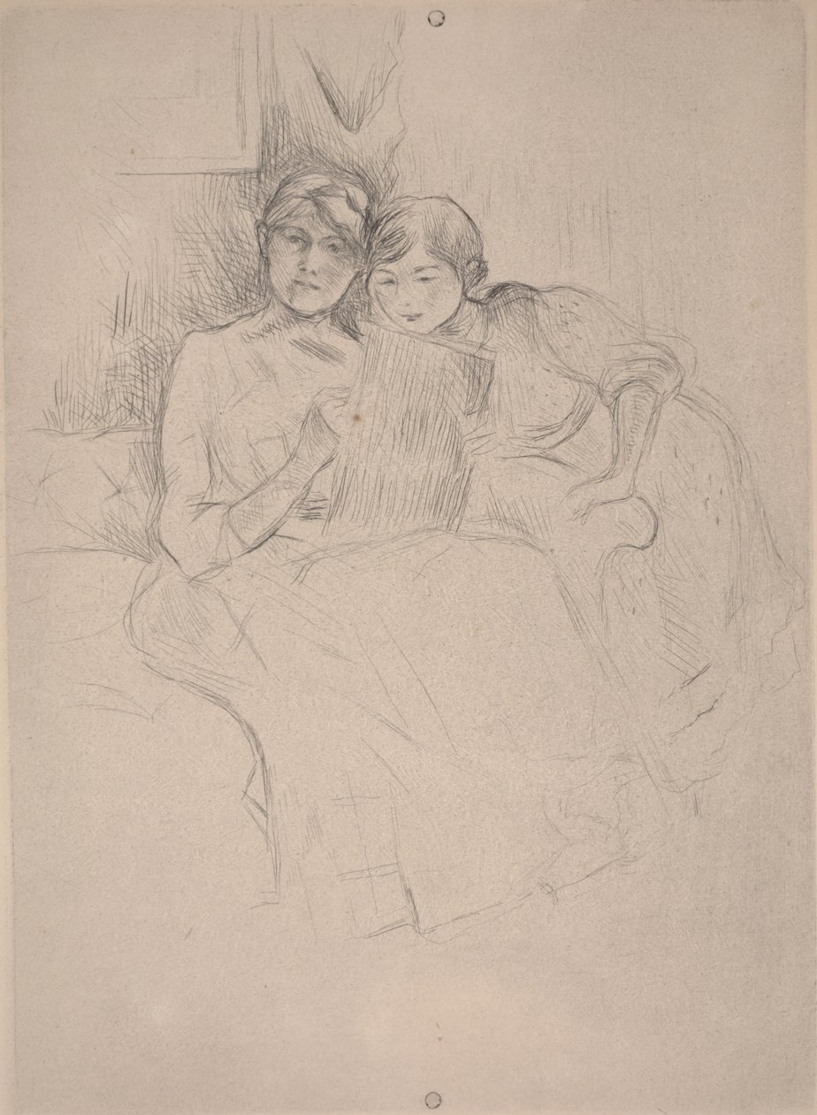 絵を描くレッスン-ベルト・モリゾが娘と一緒に絵を描く、c.1889-90（ドライポイント） 作： ベルト・モリゾ