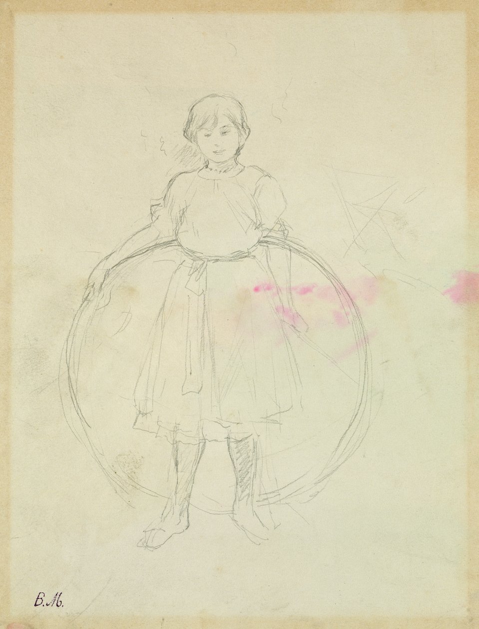 フープを持つ少女、1888年（紙に黒鉛） 作： ベルト・モリゾ