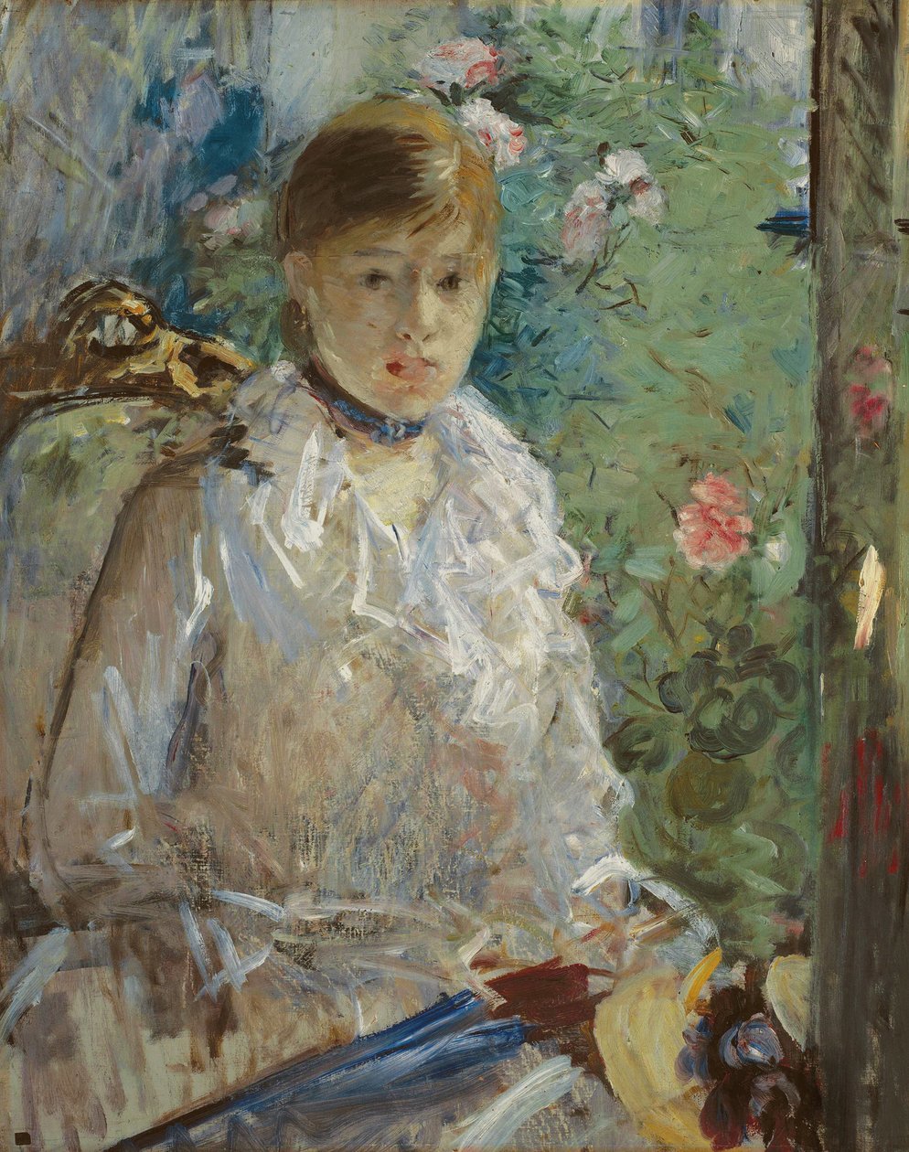 1879年夏と呼ばれる窓の前に座っている若い女性