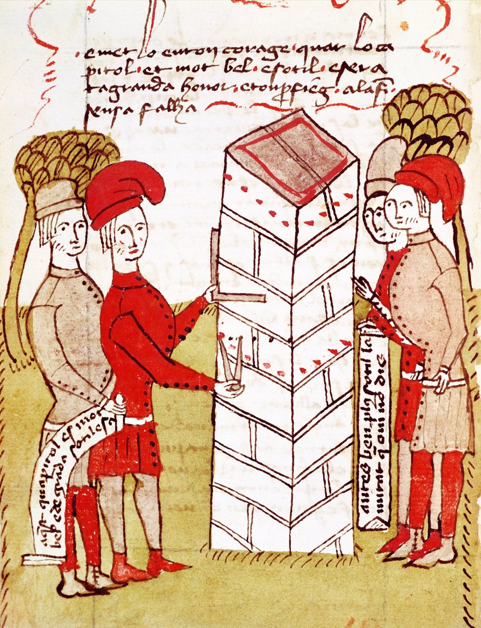 Ms 327（2）fol.214v Stonemasons、Arnaud de Villeneuveの「Traite d&39;Arpentage」より 作： バートランド・ボーイセット