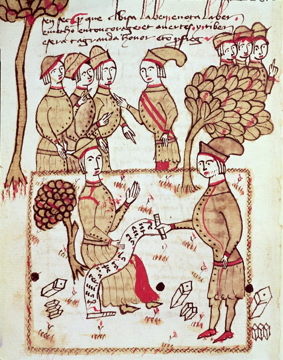 Ms 327 fol.201v Arnaud de Villeneuveによる &39;Traite d&39;Arpentage&39;（1240-1315）の労働者と測量士 作： バートランド・ボーイセット