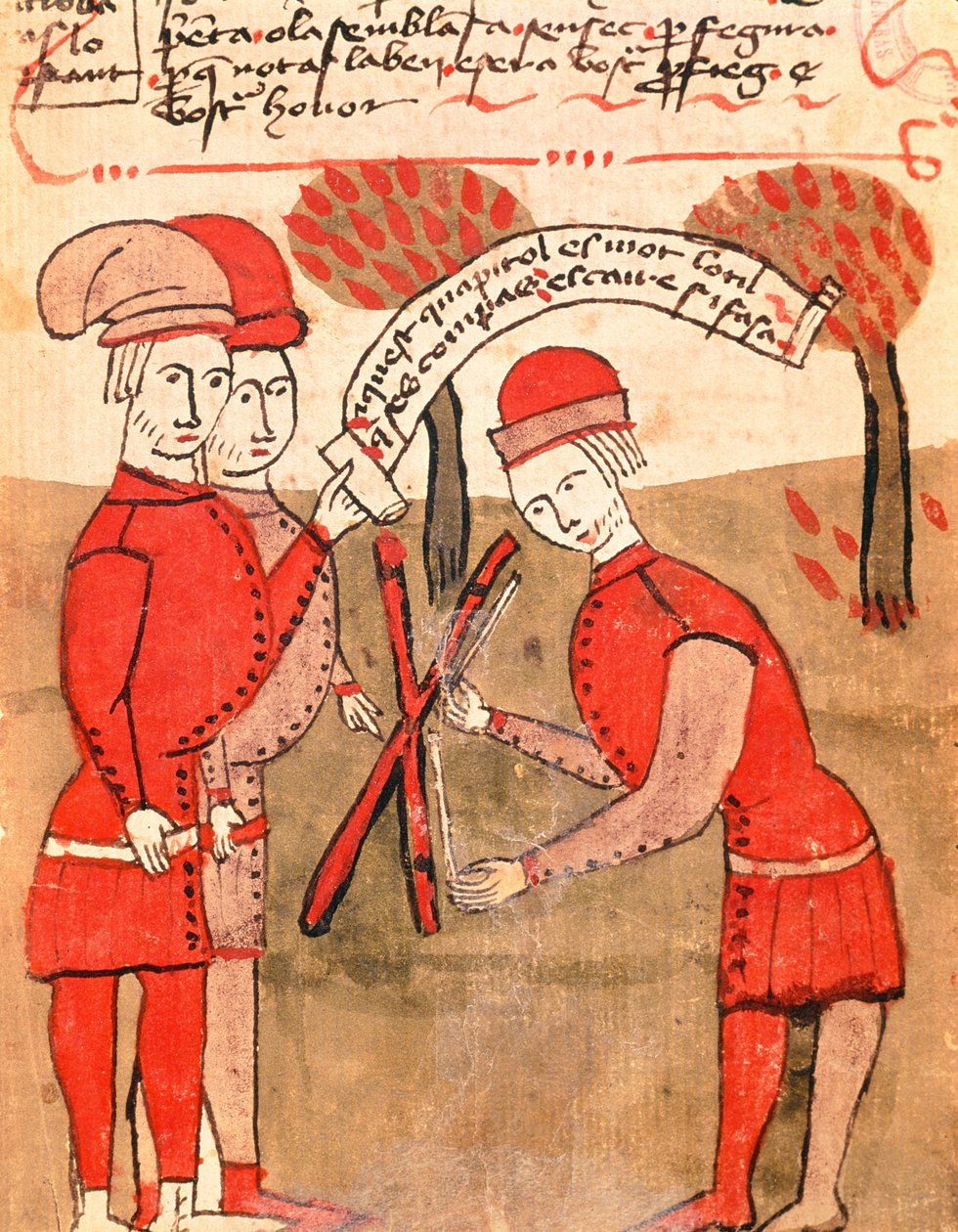 Ms 327 fol.218r Arnaud de Villeneuveによる &39;Traite d&39;Arpentage&39;からのフィールドの測定（1240-1312） 作： 