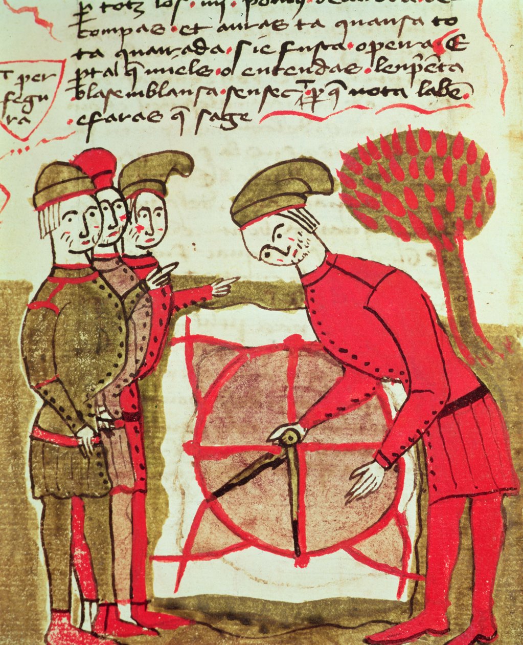 Ms 327 fol.216v計画とコンパスを扱う測量士、Arnaud de Villeneuve（1240-1312）によるTraite dArpentageから 作： バートランド・ボーイセット