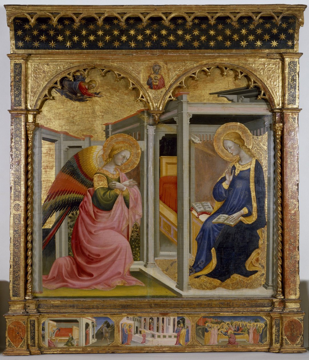 受胎告知、c.1430（パネル上のテンペラと金箔） 作： ビッチ・ディ・ロレンソ