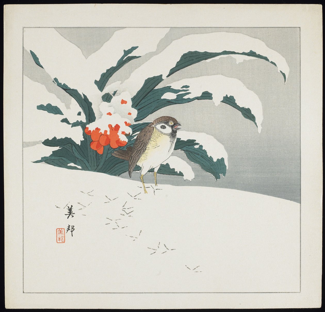 雪の中の鳥、20 世紀初頭 作： 美穂隆または高橋（1873年生まれ。fl1890 1930）