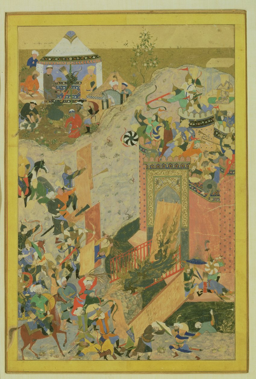 ペルシャ、ティムール朝時代の城への攻撃（1370-1506）c.1475-1500（紙にトイレと金箔） 作： Bihzad attr。 Bihzad attrへ。に