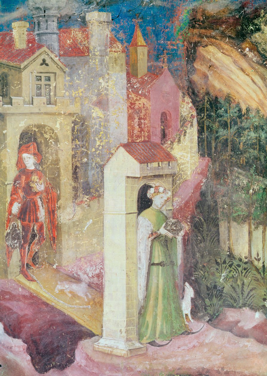 6月、散歩に出かけるカップルの詳細、c.1400 作： ボヘミアンスクール