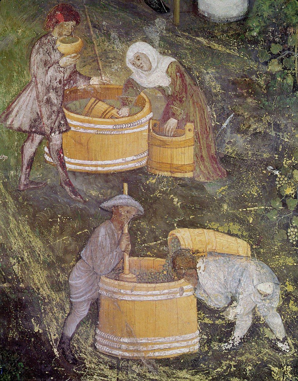 10月、ブドウのピッカーとバットの詳細、c.1400 作： ボヘミアンスクール