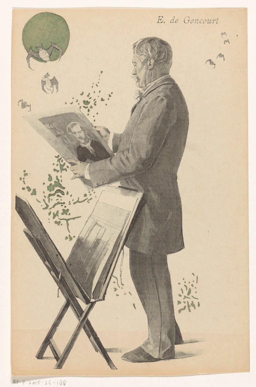 エドモンド・ド・ゴンクールが版画を見て、彼の隣には版画台があります E. de Goncourt (オブジェクトのタイトル) 作： ボアロー
