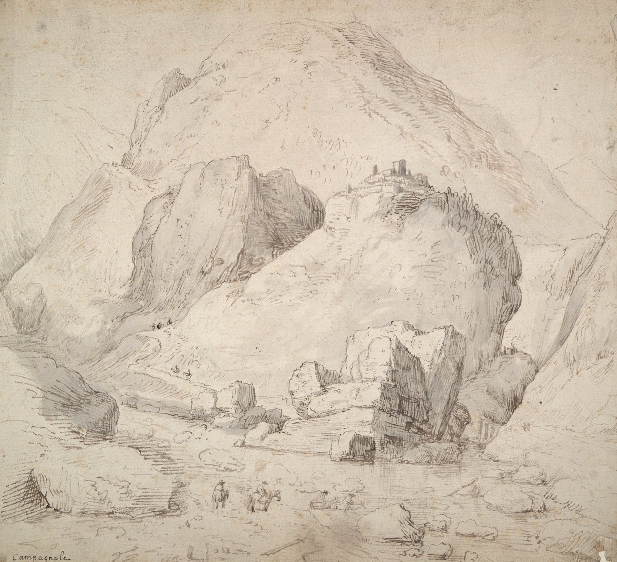 前景に馬に乗った人物がいる山岳風景 作： ボナベンチュラピーターズ