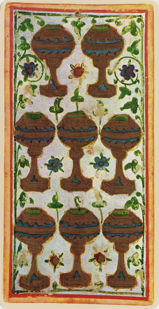 Eight of Cups、「Visconti」デッキからのタロットカードの複製、1441-47 作： ボニファシオ・ベンボ