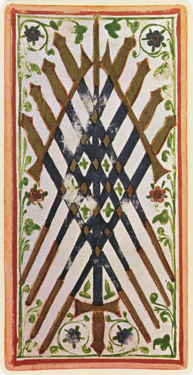 Nine of Swords、「Visconti」デッキのタロットカードの複製、1441-47 作： ボニファシオ・ベンボ