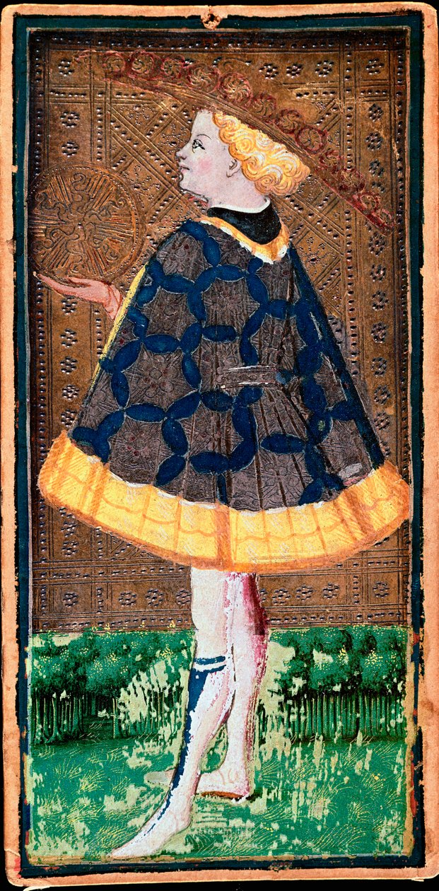デニールカードのヴァレット。1440年頃、ボニファシオ・ベンボ（1420-1482）がフィリッポ・マリア・ヴィスコンティのために作ったタロットゲームの地図。ベルガモ。カッラーラ アカデミー ギャラリー 作： ボニファシオ・ベンボ