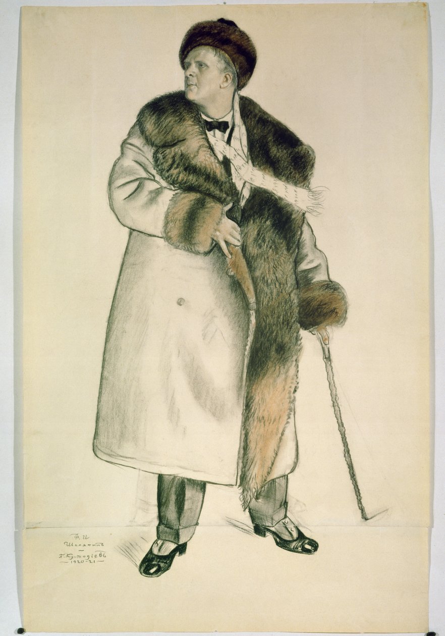 オペラ歌手のフェオドル・イワノビッチ・シャリアピンの肖像（1873-1938）1920-21（木炭と紙） 作： ボリス・ミハイロヴィチ・クストーディエフ