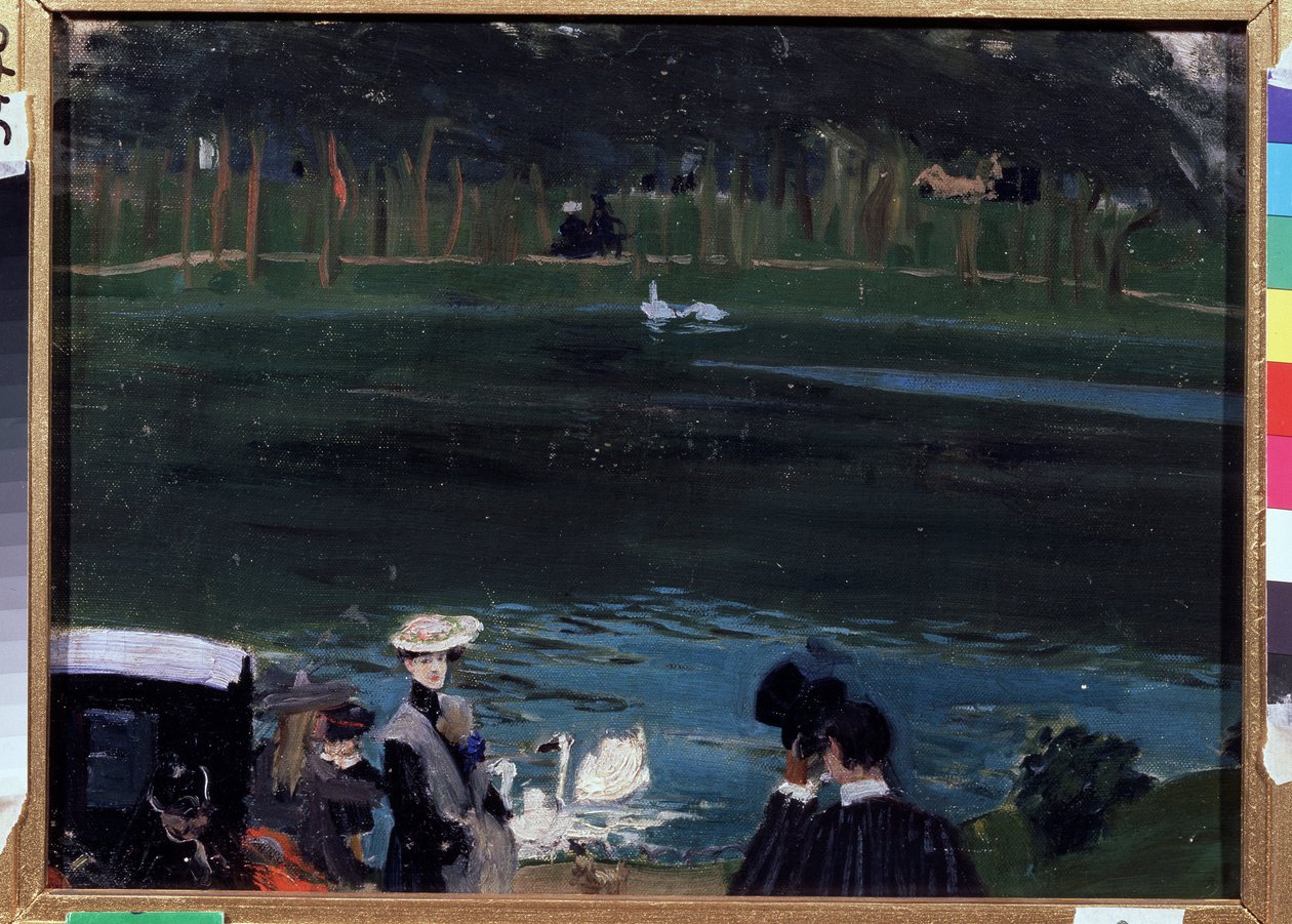 ブローニュの森。 白鳥と歩行者がいる湖。 Boris Michaylovich Kustodiev (Kustodiev) (1878-1927) による絵画、キャンバスに油彩 作： ボリス・ミハイロヴィチ・クストーディエフ
