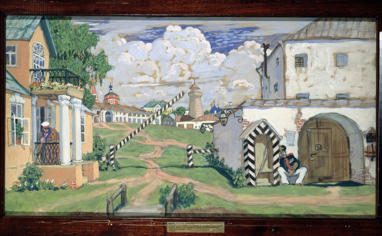 Decor preparatoire pour la piece de theatre ""Coeur ardent"" de Alexandre Ostrovski (1823-1886) (Alexander Ostrovsky による劇場劇 The Fiery Heart の舞台デザイン) - Oeuvre de Boris Michalovich Kustodiev (Koustodiev) (1878-1927), ガッシュとテンペラ 作： ボリス・ミハイロヴィチ・クストーディエフ